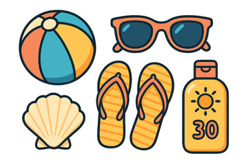 Summer beach vacation essentials with colorful ball, stylish sunglasses, comfortable flip flops, natural seashell, and protective sunscreen