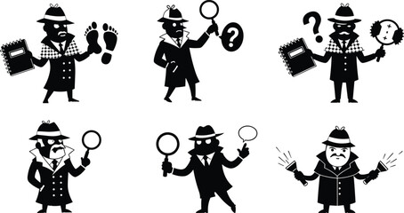 Detective illustration set, magnifying glass, notebook, flashlight, mystery clues, crime solving, trench coat character, black and white design