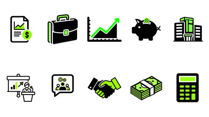 Corporate business and finance icon set in a vibrant green and black color scheme.
