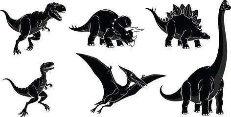 Dinosaur illustration set, T. rex, Triceratops, Stegosaurus, Velociraptor, Pteranodon, Brachiosaurus, prehistoric animals, fossil creatures, black and white design © Rifat's World