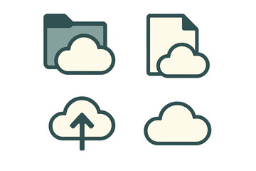 Cloud computing icons set with folder, document, upload, and storage symbols for data management and online services