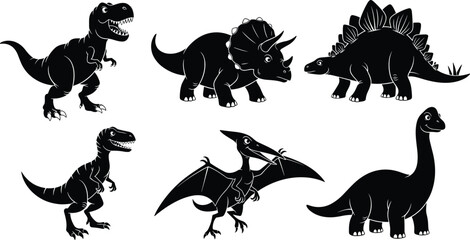 Dinosaur illustration set, T. rex, Triceratops, Stegosaurus, Velociraptor, Pteranodon, Brachiosaurus, prehistoric animals, fossils, black and white design © Rifat's World