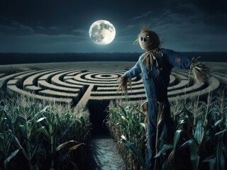 A scarecrow stands guard near a corn maze under a full moon at night.