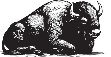 Detailed black and white pen and ink sketch of a majestic bison resting on the ground in a natural setting © toomotion