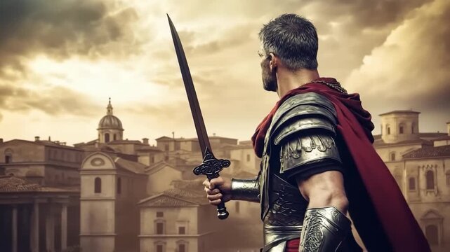 A Roman soldier stands defiantly in a historic city, clad in armor and a red cloak. He watches the horizon with determination, ready to face whatever comes next.