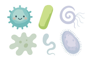 Variety of cute stylized microorganisms, bacteria, and germs with a soft watercolor texture for educational and health design