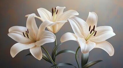 Fototapeta premium Three elegant cream-colored lilies in a close-up, detailed studio shot, against a soft, muted background.