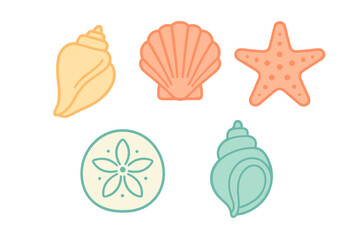 Assortment of vibrant marine life elements including various seashells and a starfish in a modern graphic design