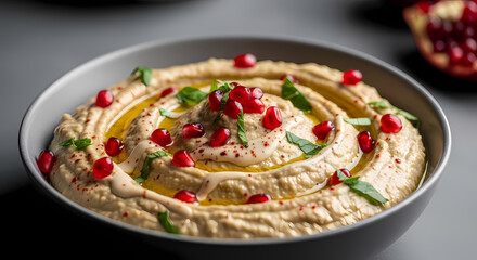 Delicious Homemade Hummus Bowl Garnished with Pomegranate Seeds and Mint Leaves