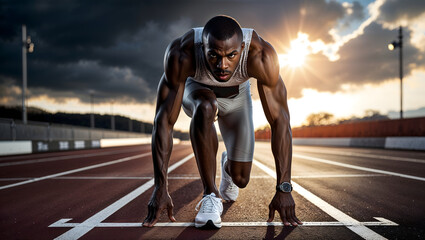 Male 100-metre runner poised in the starting blocks, wearing couture garments and sophisticated clothing with an intense focused expression defined facial features and a determined gaze generative AI