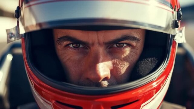 A focus on a race car driver in a racing helmet, displaying determination and concentration. The driver is ready to take on the challenge of the race on a sunny day at the track.