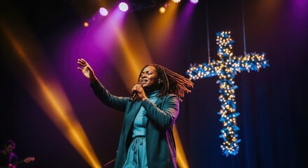 African american woman singing worship song in church. Modern Christian worship concert. Gospel event in protestant church.