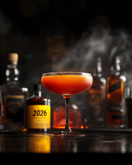 A cocktail set for New Year's 2026. A stylish glass filled with a vibrant orange-red cocktail sits alongside bottles of premium spirits, mixers, and a recipe card with the words "2026."