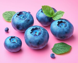 Obraz premium Blueberries and mint leaves are placed on pink background surface. This image good for food content to show fresh and healthy fruits.