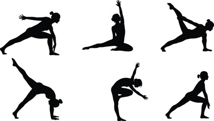 Yoga silhouette poses, fitness flexibility, balance strength, meditation exercise, healthy lifestyle, body control, wellness training, stretching, calm focus, peace