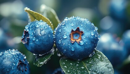 Close-up of blueberries with water droplets on green leaves, nature background. Perfect for illustrating healthy eating, wellness, and fresh produce concepts.