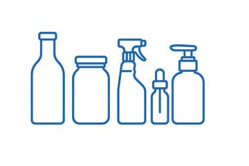 Outline icons of various packaging containers including bottles, jars, sprayers, and pump dispensers for household and cosmetic products