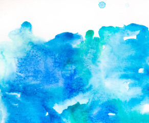 Real Hand Drawn Watercolor Blue Wet Spots Background