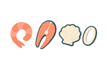 Fototapeta premium Assortment of fresh seafood items including shrimp, salmon, scallop, and calamari on a clean white background