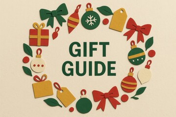 Paper-cut holiday wreath with “Gift Guide” text—bows, ornaments, and tags framing copy space for seasonal shopping promos.