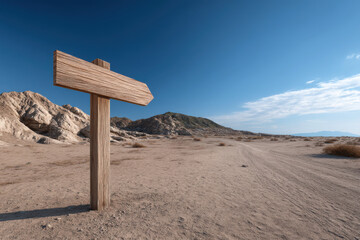 Wooden directional signpost in a vast dry desert landscape under a clear blue sky