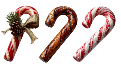 Candy Cane Trio with Unique Decorative Styles, isolated on transparent background