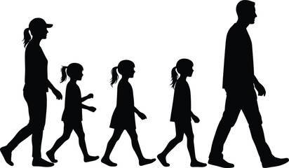 PrintSilhouette family walking together, parents with children, side view illustration, lifestyle vector design, outdoor activity, relationship, childhood, unity, community, people, togetherness