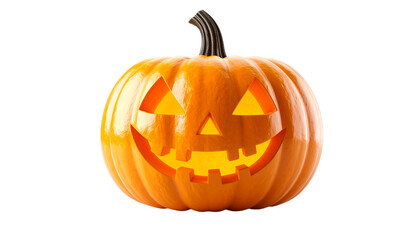 Orange carved pumpkin glows with yellow light. Useful for seasonal posters, social media posts. PNG and transparent background.