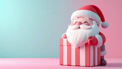 Cute 3D render of kawaii Santa hugging a giant candy-striped gift box, pastel background, perfect Christmas holiday illustration with copy space for festive design