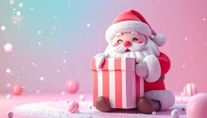 Cute 3D render of kawaii Santa hugging a giant candy-striped gift box, pastel background, perfect Christmas holiday illustration with copy space for festive design