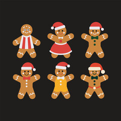 Six gingerbread cookies dressed for Christmas with Santa hats holiday festive