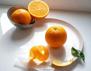 Fresh oranges on a plate, sunlit
