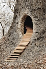 A wooden staircase ascends into a natural alcove within a large, weathered tree trunk, nestled amongst the earthy tones of a forest setting.