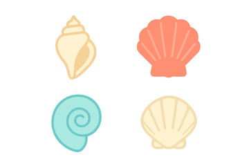 Vibrant collection of colorful seashells and conch shells from the ocean floor, depicted in a simple flat graphic style