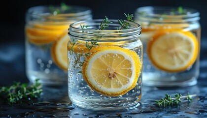 Lemon water with thyme in mason jars. A refreshing drink, for health or wellness concepts.