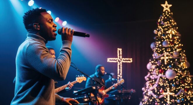 Black man singing and playing keyboard at Christmas worship concert. Christian praise and festive Holiday celebration.