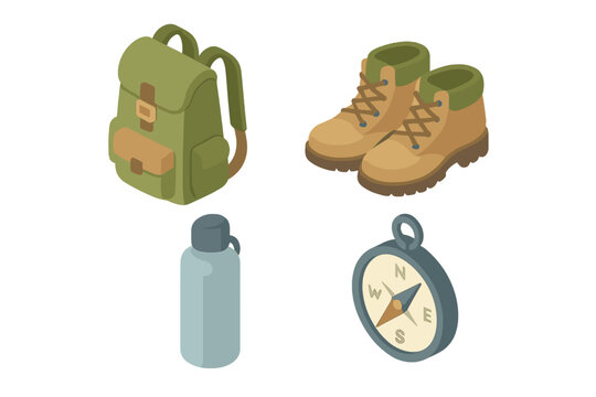 Essential gear for outdoor adventures including a green backpack, sturdy hiking boots, a blue water bottle, and a reliable compass