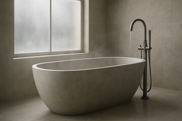 Minimal modern bathroom with a steaming freestanding stone tub and frosted window—calm neutral spa vibe for wellness design.
