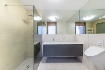 Modern Bathroom Interior with Mirrors and Minimalist Design Elements