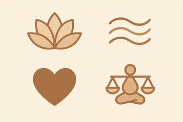 Minimal mindfulness icon set: lotus, waves, heart, and meditating figure with scales—ideal for wellness branding and apps.