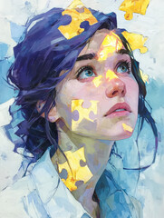 Healing Mind Concept Art – Realistic Portrait with Puzzle Piece Head and Pastel Swirl Background