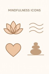 Minimal mindfulness icon set: lotus, waves, heart, and meditating figure with scales—ideal for wellness branding and apps.