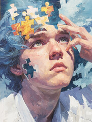 Healing Mind Concept Art – Realistic Portrait with Puzzle Piece Head and Pastel Swirl Background