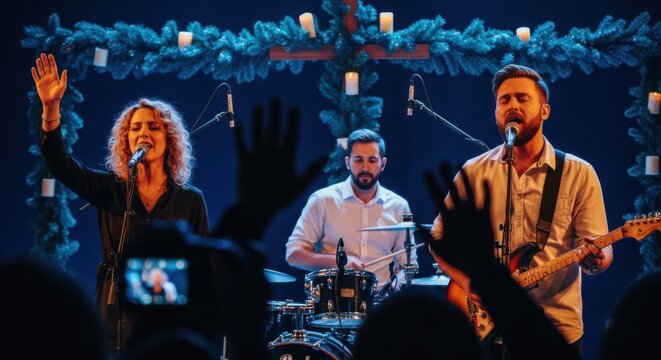 Woman singing into microphone with hand raised during Christian worship concert. Modern church service with a band. Christmas celebration.