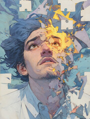 Healing Mind Concept Art – Realistic Portrait with Puzzle Piece Head and Pastel Swirl Background
