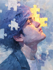 Healing Mind Concept Art – Realistic Portrait with Puzzle Piece Head and Pastel Swirl Background