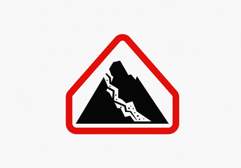 Striking warning symbol for falling rocks and landslides in a mountainous hazard zone, conveying danger and risk