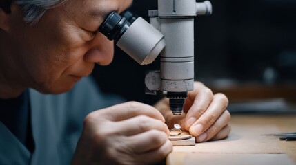Skilled Craftsman Working Under Microscope to Inspect Fine Jewelry Piece in Workshop Setting with Natural Light Enhancing Intricate Details and Craftsmanship