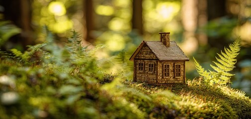 The house in miniature sits on a mossy forest floor surrounded by sunlit ferns