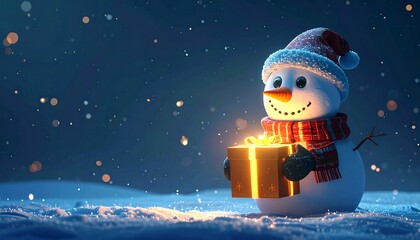 Adorable 3D render of cute snowman holding glowing Christmas gift box, dark blue background, magical festive illustration for holiday design